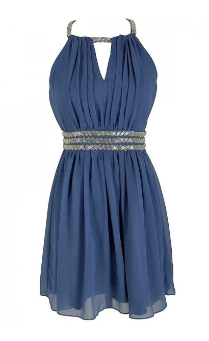 Silver Beaded Waistband Chiffon Designer Dress by Minuet in Blue